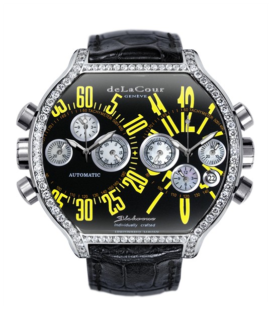 Replica DeLaCour BiChrono S2 Steel Diamond Bezel Black and Yellow WAST2130-0980 Replica Watch